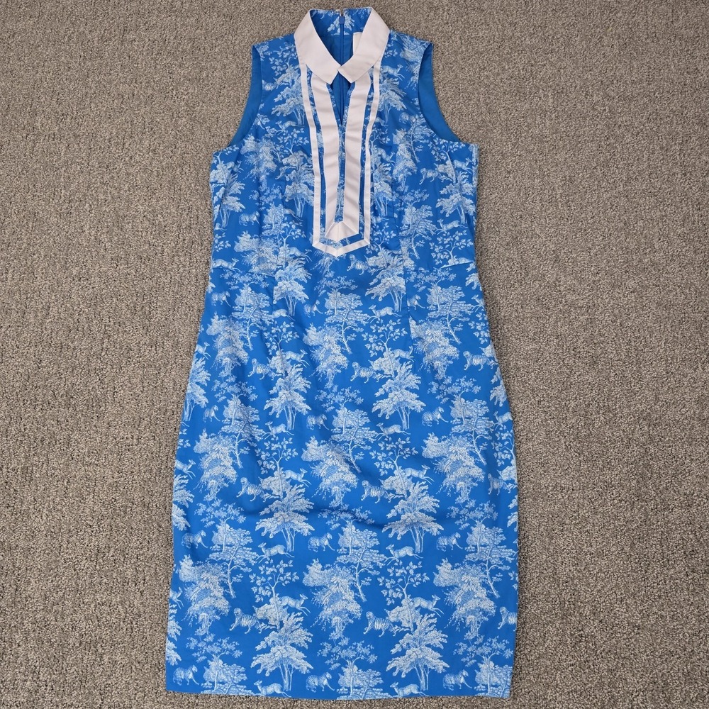 NicoBlu Blue Toile Print Sheath Dress Preppy Coastal Resort Size 6